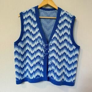 Vintage 70s sweater vest blue wavy chevron stripes sz XL XXL